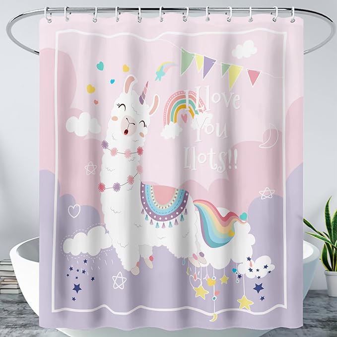 AILONEN Cute Llama Kids Shower Curtain for Girls,Happy Llama in Sky Clouds Print Bath Curtain 36" W*72" H,Kawaii Kids Bathroom Curtain Polyester Waterproof Girls Bathroom Curtain with 12 Hooks