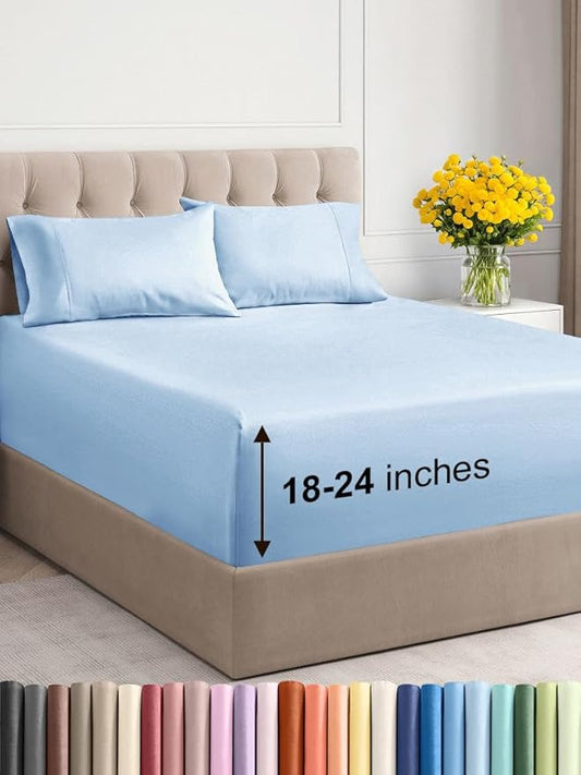 Extra Deep Twin Sheet Set - 4 Piece Breathable & Cooling Sheets - Hotel Luxury Bed Sheets Set - Easy & Secure Fit - Soft, Wrinkle Free & Comfy Sheets Set - Light Blue Sheet Set with Extra Deep Pockets