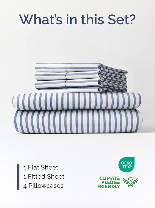 Extra Deep King Sheet Set - 6 Piece Breathable and Cooling Sheets - Hotel Luxury Bed Sheets Set - Easy Fit - Soft, Wrinkle Free and Comfy Sheets Set - Blue Striped Sheet Set with Extra Deep Pockets