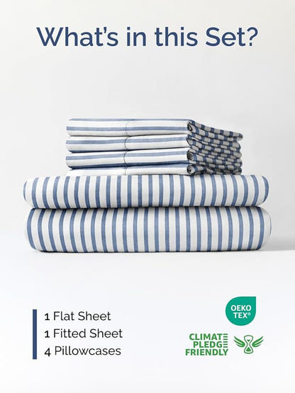 Extra Deep King Sheet Set - 6 Piece Breathable and Cooling Sheets - Hotel Luxury Bed Sheets Set - Easy Fit - Soft, Wrinkle Free and Comfy Sheets Set - Blue Striped Sheet Set with Extra Deep Pockets