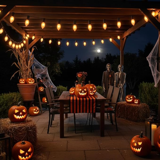 25 Pack C9 Clear Orange Light Bulbs,Orange Halloween Incandescent Bulbs for Indoor Outdoor Halloween Party Outside Lights,C9/E17 7Watt Chandeliers and Night Light Bulb