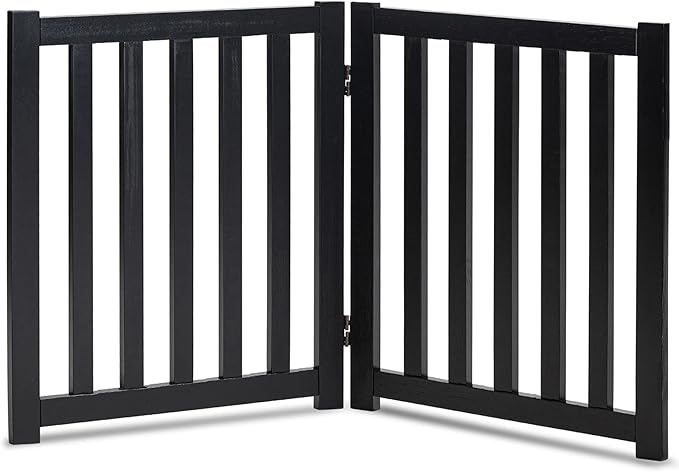 LZRS 2-Panel Wooden Free Standing Foldable Dog Gate – Solid Hardwood 24" High, Step-Over Safety Pet Gate for Doorways, Stairs & Small Spaces - Indoor Use, Black