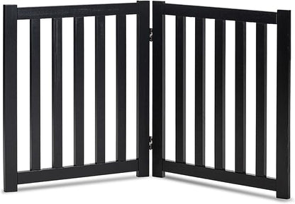 LZRS 2-Panel Wooden Free Standing Foldable Dog Gate – Solid Hardwood 24" High, Step-Over Safety Pet Gate for Doorways, Stairs & Small Spaces - Indoor Use, Black