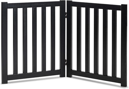LZRS 2-Panel Wooden Free Standing Foldable Dog Gate – Solid Hardwood 24" High, Step-Over Safety Pet Gate for Doorways, Stairs & Small Spaces - Indoor Use, Black