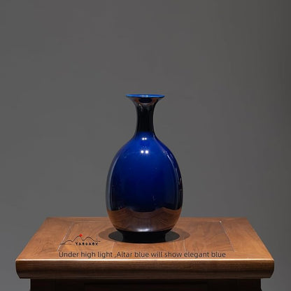 Altar Blue Ceramic Vase with Dried Flowers, Handmade in Jingdezhen for Modern Home Decor Office Bookshelf Tables Living Room Bedroom Shelf Decor Entryway Dry Flower Arrangement Ornament