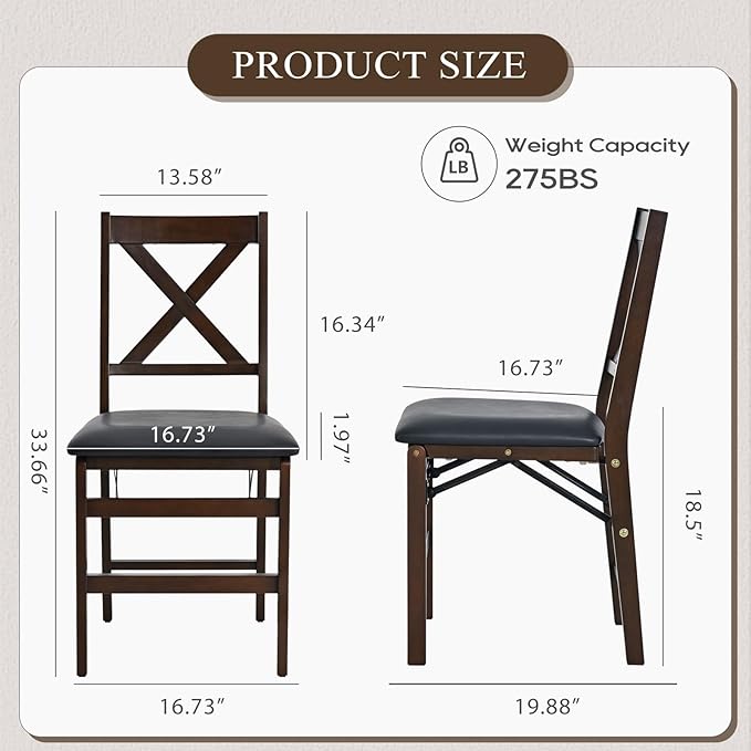 COLAMY Folding Dining Chairs Set of 4, Foldable Chairs with Padded Seats, Wood Folding Dining Room Chairs for Kitchen, Party, Camping, Dark Brown
