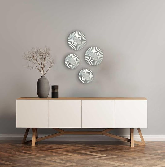 ITrixgan Metal Wall Art Decor Set - Sunburst Metal Art, Silver Accents For Living Room - Set of 4