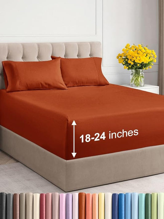 Extra Deep Twin XL Sheet Set - 4 Piece Breathable and Cooling Sheets - Hotel Luxury Bed Sheets Set - Easy Fit - Soft, Wrinkle Free and Comfy Sheets Set - Terracotta Sheet Set with Extra Deep Pockets