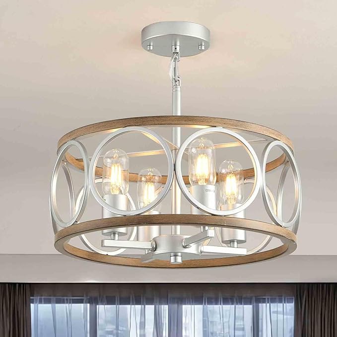 Light Fixture Ceiling Mount,4-Light Farmhouse Metal Semi Flush Mount Ceiling Light Fixture 15.7" (Silver),Rustic Chandeliers for Living Room Bedroom Dining Room Entryway Hallway Kitchen