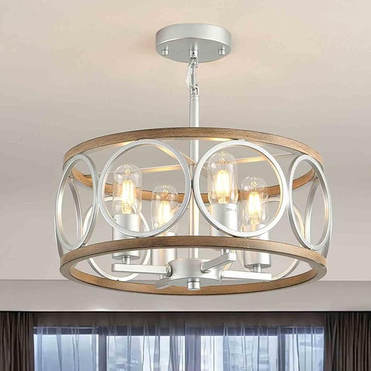 Light Fixture Ceiling Mount,4-Light Farmhouse Metal Semi Flush Mount Ceiling Light Fixture 15.7" (Silver),Rustic Chandeliers for Living Room Bedroom Dining Room Entryway Hallway Kitchen
