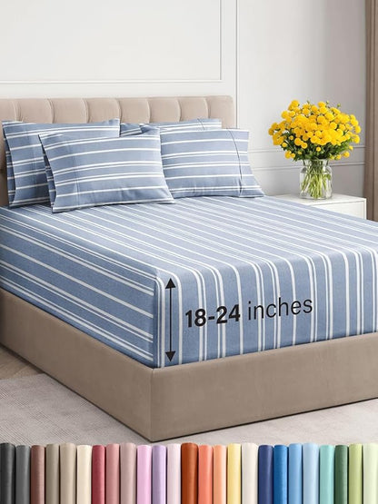 Extra Deep Cal King Sheet Set - 6 Piece Breathable & Cooling Sheets - Hotel Luxury Bed Sheets Set - Easy Fit - Soft, Wrinkle Free & Comfy Sheets Set - Blue Striped Sheet Set with Extra Deep Pockets