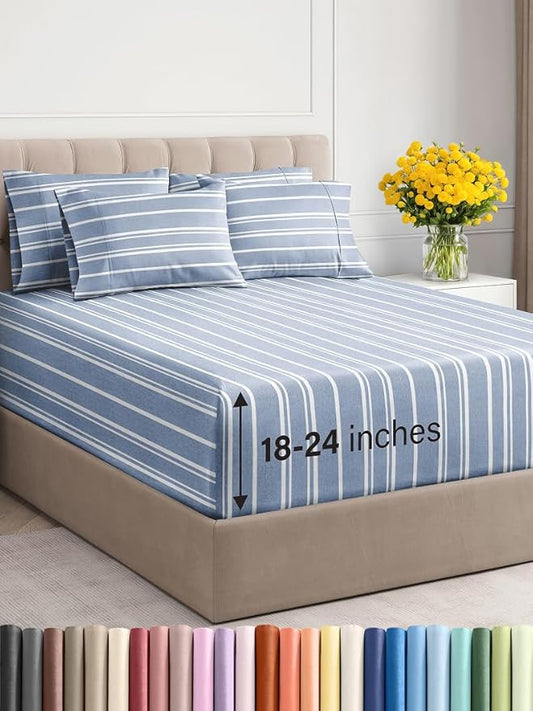 Extra Deep Cal King Sheet Set - 6 Piece Breathable & Cooling Sheets - Hotel Luxury Bed Sheets Set - Easy Fit - Soft, Wrinkle Free & Comfy Sheets Set - Blue Striped Sheet Set with Extra Deep Pockets