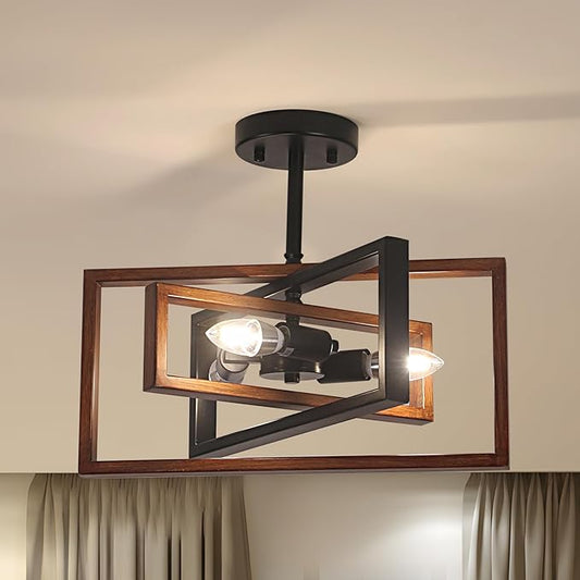 DELIPOP 3-Light Farmhouse Ceiling Light, Industrial Metal Semi Flush Mount Ceiling Light for Dining Room Kitchen Entryway Hallway, Faux-Wood Color Finish