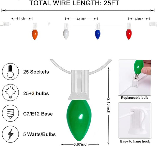 25Ft Christmas Lights Multicolor, C7 Vintage Christmas Light with 27 Colorful Ceramic Bulbs, Hanging Outdoor Christmas Lights for Christmas Tree Party Prom Wedding Holiday Patio Decor, White Wire