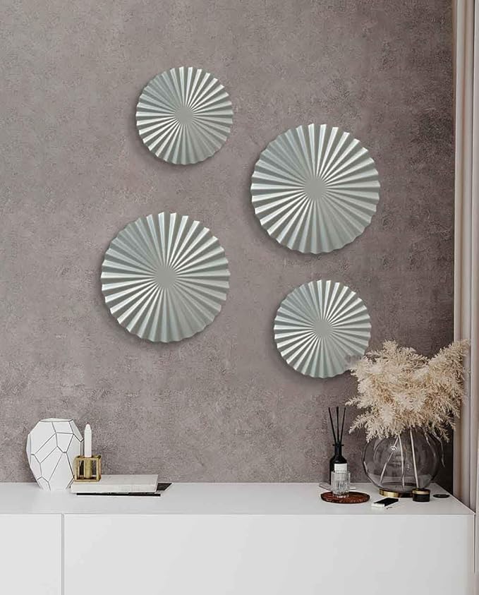 ITrixgan Metal Wall Art Decor Set - Sunburst Metal Art, Silver Accents For Living Room - Set of 4
