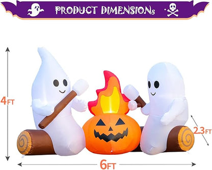 6FT Halloween Inflatable Blow Up Decorations, Cute Ghosts Roasting Marshmallows Over Campfire, Built-in LEDs for Holiday Party, Garden, Lawn, Yard, Patio Décor