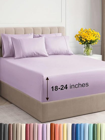 Extra Deep Cal King Sheet Set - 6 Piece Breathable & Cooling Sheets - Hotel Luxury Bed Sheets Set - Easy Fit - Soft, Wrinkle Free & Comfy Sheets Set - Light Lavender Sheet Set w/Extra Deep Pockets