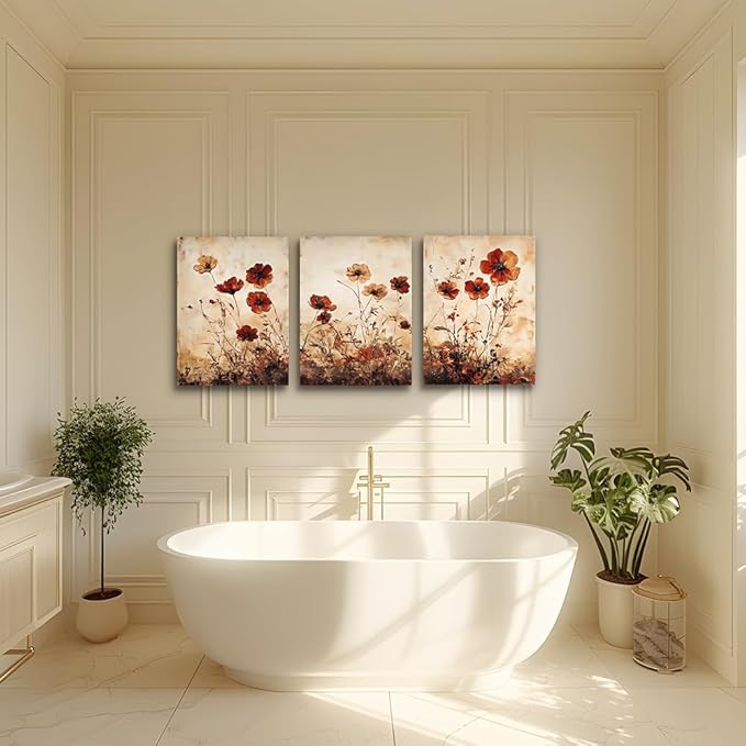 DZRWUBHS Boho Wall Decor For Living Room Canvas Wall Art For Bedroom Office Decorations Bathroom Wall Pictures Flowers Watercolour Paintings Modern Aesthetic Home Decor Artwork 3 Piece Ready To Hang