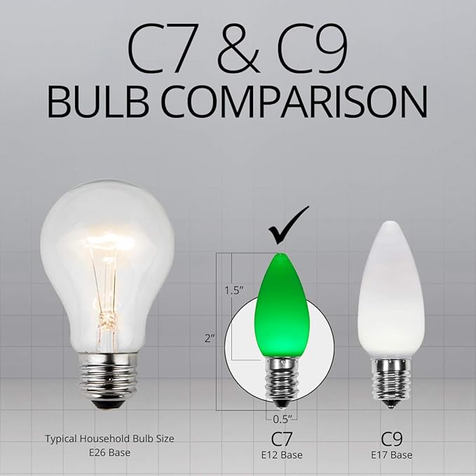 25 ft Opticore LED Opaque Commercial C7 Green Christmas Lights, Commercial LED String for Outdoor Christmas Use, Green Wire (25 Lights)