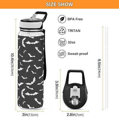 Bat Water Bottle with Straw Halloween Sports Bottles BPA-Free Tritan Water Jug with Carrying Strap for Women Men Gym
