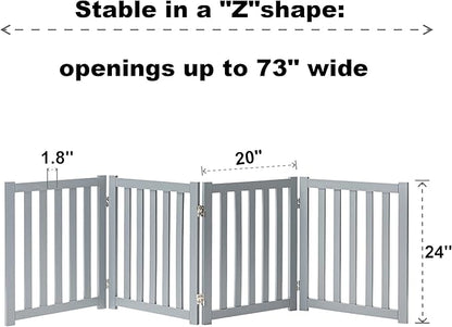 LZRS 4-Panel Wooden Free Standing Foldable Dog Gate – 24" High, Extra Wide Step-Over Safety Pet Gate for Doorways, Stairs, Hallways, Large Spaces & Playpen for Puppies Indoor Use, Grey