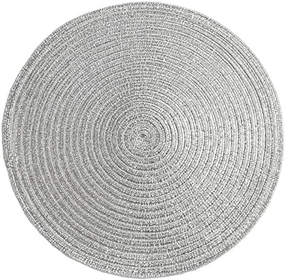 SHACOS Silver Glitter Round Braided Placemats Set of 8 Sparkle Bling Washable 15 inch Round Table Mats Woven Place Mats for Dining Table (Silver, 8)