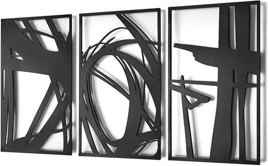 Pinetree Art Abstract Metal Wall Art Decor, 3 Pack Modern Wall Art, Minimalist Line Art Décor, 3D Textured Sculptures for Living Room Bedroom Bathroom (Black 11" x 16")