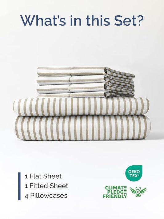Extra Deep Cal King Sheet Set - 6 Piece Breathable & Cooling Sheets - Hotel Luxury Bed Sheets Set - Easy Fit - Soft, Wrinkle Free & Comfy Sheets Set - Beige Striped Sheet Set with Extra Deep Pockets