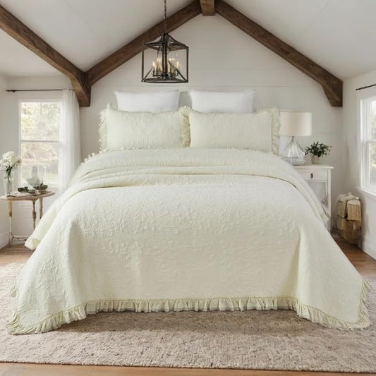 Brandream Cream Yellow White Quilt Set Queen Size Cotton Matelasse Bedding Luxury Ruffle Bedspread 3-Piece