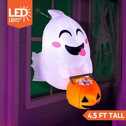 Joiedomi 4.5 ft Tall Halloween Inflatable Outdoor Decorations, Blow Up Halloween Yard Decorations Inflatable Window Ghost Decor, Blow Up Ghost with Candy Basket for Window Decor