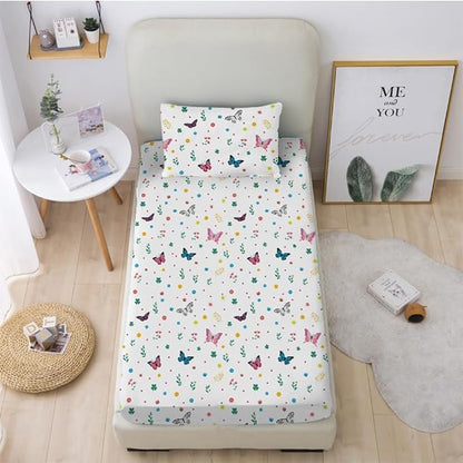 Girls Butterfly Fitted Sheet Set for Kids Teens Colorful Flowers Bed Sheet Queen Size 3D Print Dreaming Style Sheet Set 3 Piece