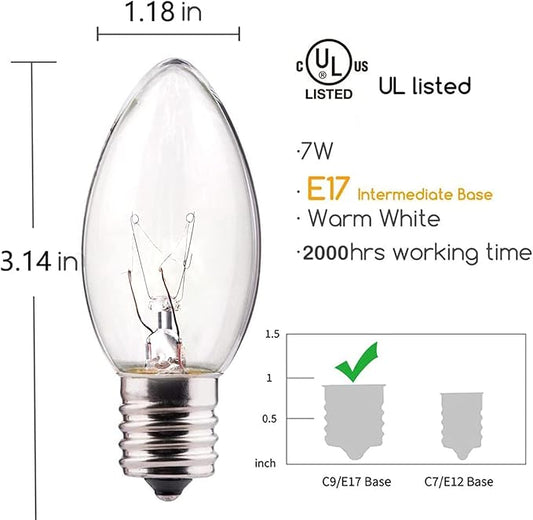 25 Pack C9 Clear Incandescent Bulbs, C9 Christmas Light Bulbs Replacement Light Bulb, 7 Watt Night Light Bulbs C9/E17 Intermediate Base, Candle Light Bulb