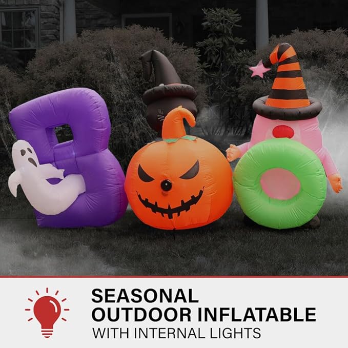 Haunted Hill Farm 5-Ft Tall Boo Sign Blow Up Inflatable with Lights and Music, Outdoor Halloween Inflatable Decoration for Lawn and Yard, Large Spooky Holiday Decor