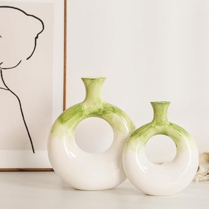 Ceramic Donut Vases Set of 2, Green and White, Perfect for Home Decor, Modern Boho Style, Ideal for Centerpieces and Dinner Tables