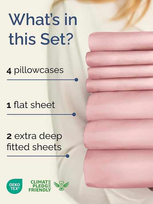 Extra Deep Split King Sheet Set - 7 Piece Breathable and Cooling Sheets - Hotel Luxury Bed Sheets Set - Easy Fit - Soft, Wrinkle Free and Comfy Sheets Set - Baby Pink Sheet Set with Extra Deep Pockets