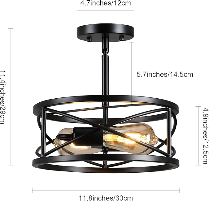 Farmhouse Semi Flush Mount Ceiling Light Fixtures, 11.8“ 2-Light Black Industrial Sloped Ceiling Lighting with Metal Cage for Kitchen, Hallway, Entryway, Laundry Room, Bedroom, E26