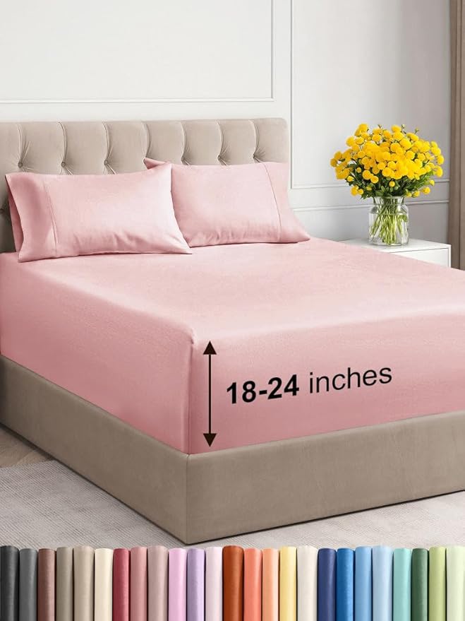 Extra Deep Twin XL Sheet Set - 4 Piece Breathable and Cooling Sheets - Hotel Luxury Bed Sheets Set - Easy Fit - Soft, Wrinkle Free and Comfy Sheets Set - Baby Pink Sheet Set with Extra Deep Pockets