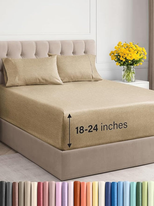 Extra Deep Twin Sheet Set - 4 Piece Breathable and Cooling Sheets - Hotel Luxury Bed Sheets Set - Easy Fit - Soft, Wrinkle Free and Comfy Sheets Set - Heathered Tan Sheet Set with Extra Deep Pockets