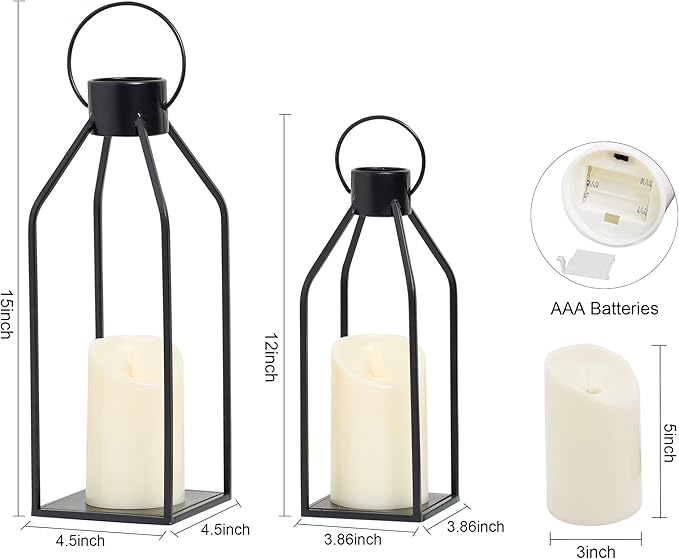 HPC Decor Modern Farmhouse Lanterrn Decor- Black Metal Candle for Christmas- Lanterns w/Timer Flickering Candles for Living Room,Home,Indoor, Outdoor,Table,Fireplace Mantle Décor