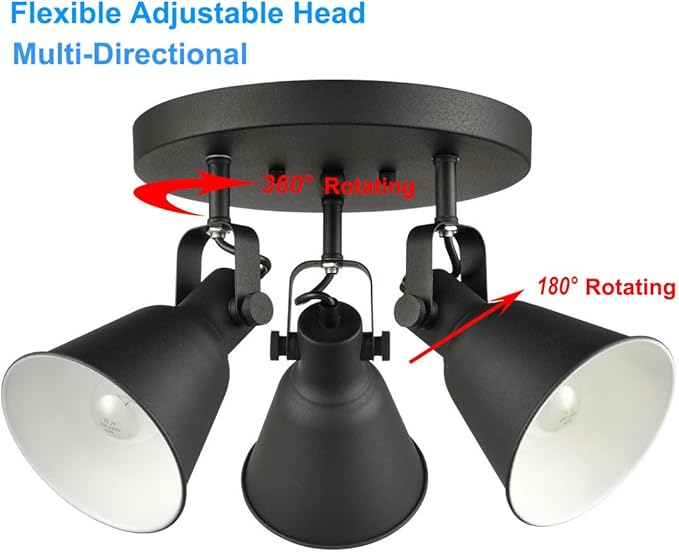 DIRYZON EUL Multi-Directional Ceiling Spot Light,Adjustable Round Track Lighting,Industrial Semi Flush Mount Ceiling Light Fixtures for Bedroom Hallway Matte Black-3 Light