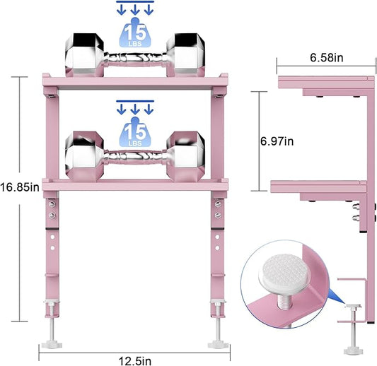 2-Tier Desk Shelf, Expandable Under Desk Storage, Clamp on Desk Shelf, Desktop Accessories for Offices, Study Rooms, and Game Rooms (Pink)
