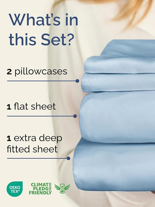 Extra Deep Twin Sheet Set - 4 Piece Breathable & Cooling Sheets - Hotel Luxury Bed Sheets Set - Easy & Secure Fit - Soft, Wrinkle Free & Comfy Sheets Set - Sky Blue Sheet Set with Extra Deep Pockets