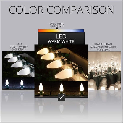 100 ft C9 Warm White OptiCore LED Commercial Outdoor Christmas Lights – Heavy Duty on Green Wire (100 Lights, Smooth/Opaque Bulbs)