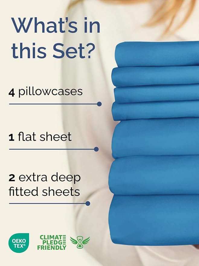 Extra Deep Split King Sheet Set - 7 Piece Breathable & Cooling Sheets - Hotel Luxury Bed Sheets Set - Easy Fit - Soft, Wrinkle Free & Comfy Sheets Set - Denim Blue Sheet Set with Extra Deep Pockets