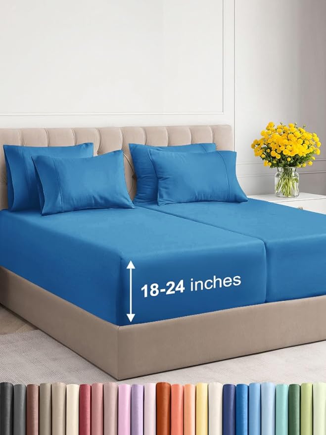 Extra Deep Split King Sheet Set - 7 Piece Breathable & Cooling Sheets - Hotel Luxury Bed Sheets Set - Easy Fit - Soft, Wrinkle Free & Comfy Sheets Set - Denim Blue Sheet Set with Extra Deep Pockets
