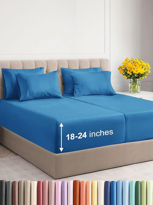 Extra Deep Split King Sheet Set - 7 Piece Breathable & Cooling Sheets - Hotel Luxury Bed Sheets Set - Easy Fit - Soft, Wrinkle Free & Comfy Sheets Set - Denim Blue Sheet Set with Extra Deep Pockets