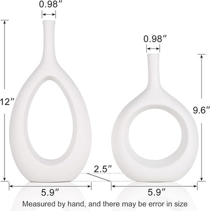 White Ceramic Vase Set 2,Modern Hollow Circle with Hole Flower Vase for Home Decor,for Table Centerpieces,Farmhouse,Fire Place,Living Room,Bedroom,Office,Bookshelf,Rustic Decor