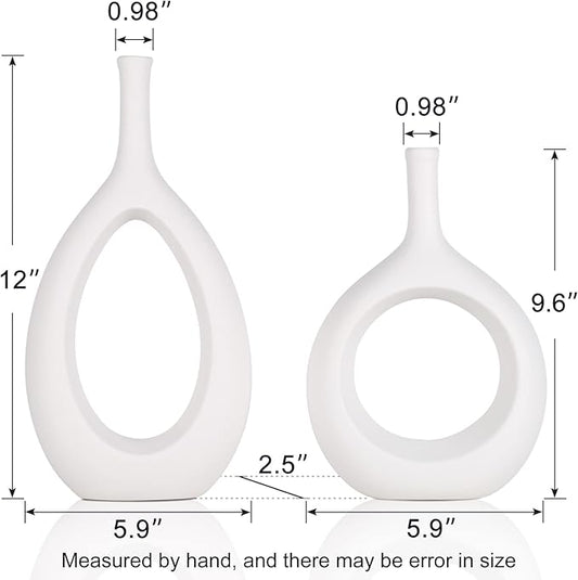 White Ceramic Vase Set 2,Modern Hollow Circle with Hole Flower Vase for Home Decor,for Table Centerpieces,Farmhouse,Fire Place,Living Room,Bedroom,Office,Bookshelf,Rustic Decor