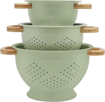 Metal Colander with Wood Handle | Set of 3 with Bamboo Handles | 1.5Q, 3Q, 5Q (Sage Leaf Green)