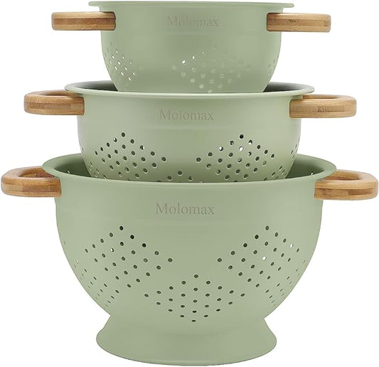 Metal Colander with Wood Handle | Set of 3 with Bamboo Handles | 1.5Q, 3Q, 5Q (Sage Leaf Green)